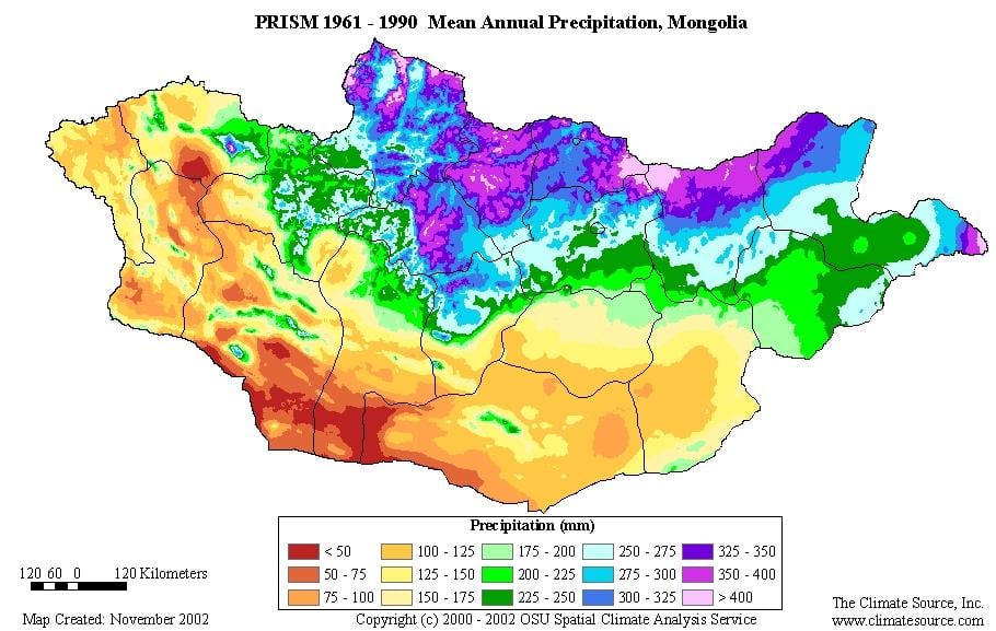 χάρτης της Μογγολίας, η πυκνότητα του πληθυσμού