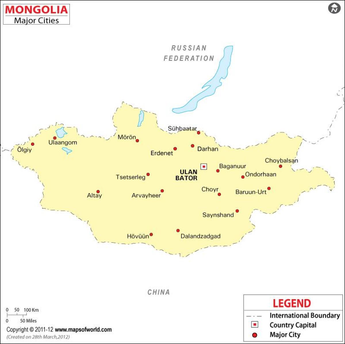 Μογγολία χάρτη με τις πόλεις